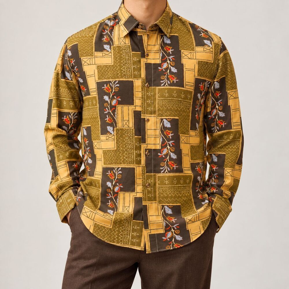 Mens Large Yellow Brown Abstract Geometric Cotton Long Sleeve Button Up Shirt